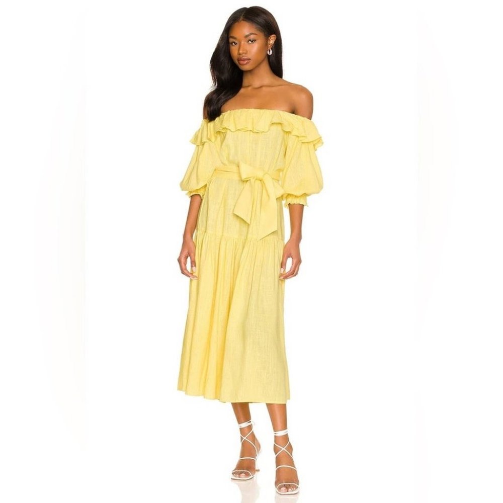 NWT Elliatt Revolve yellow linen blend Beatrice off shoulder dress - Picture 3 of 7